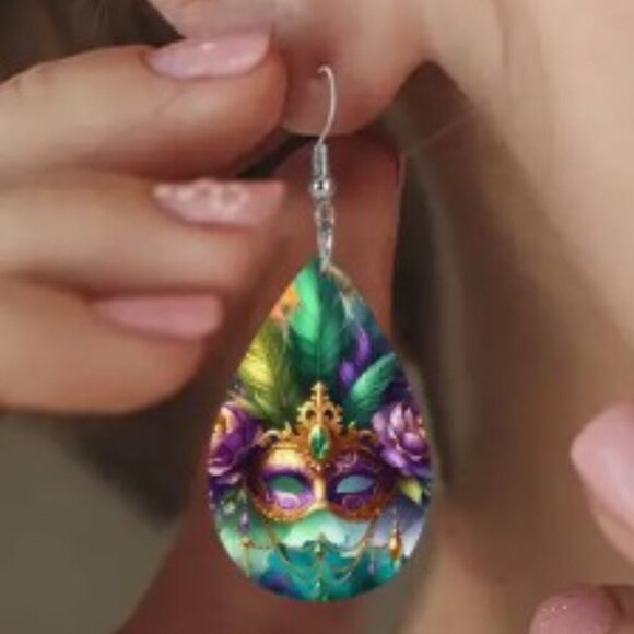 Mask Peacock Feather Artificial Leather Earrings Carnival Mardi Gras Earrings - Picture 2 of 8